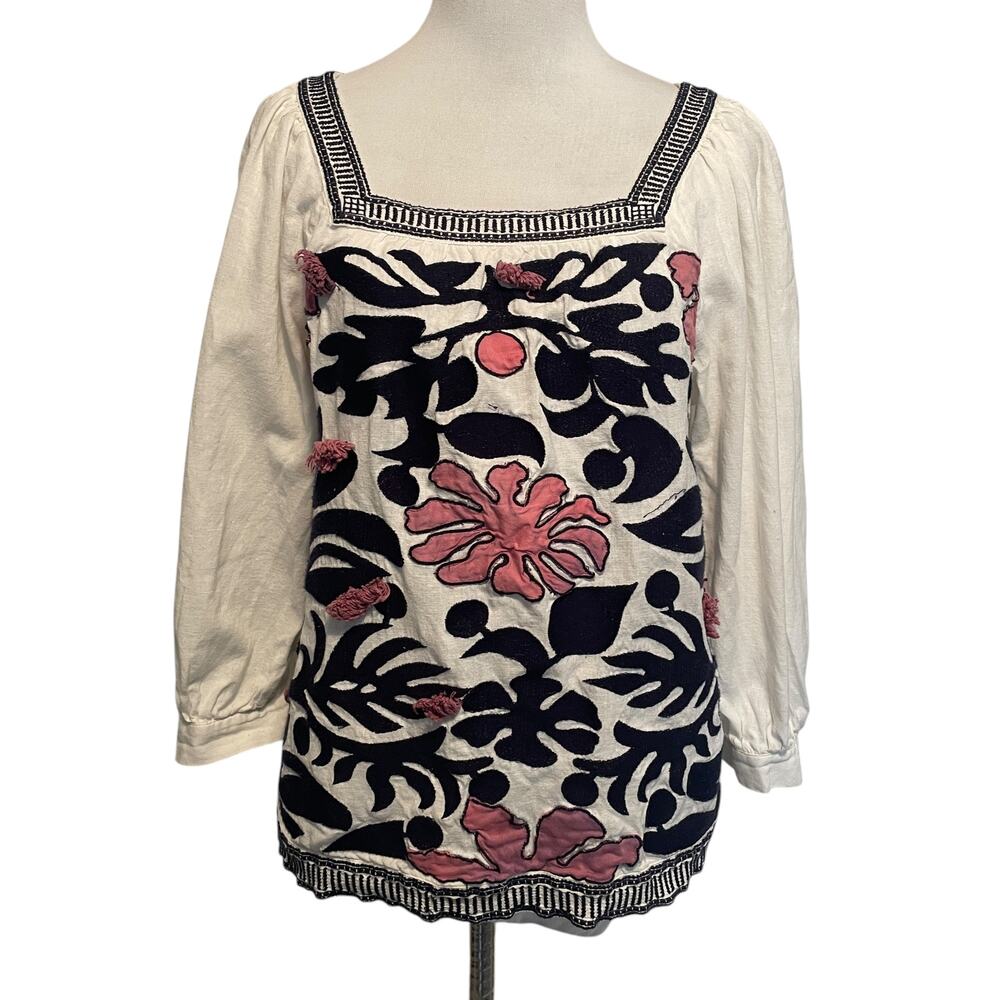 Anthropologie White Blouse with Navy and Pink Floral Embroidery - Picture 2 of 9